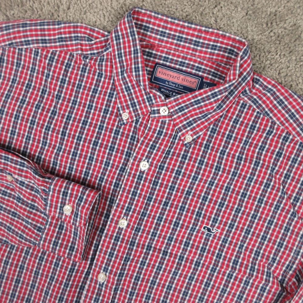 Vineyard Vines Shirt Mens Large Red Plaid Whale Oxford Cotton Logo Button Up